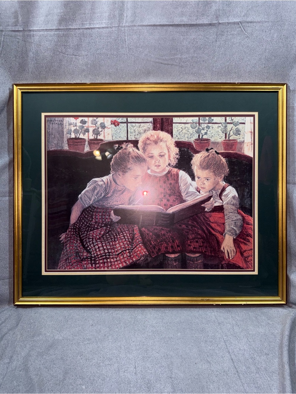 Walter Firle “The Fair Tale” Framed Vintage Art- Gold Frame, Dark Green Mat
